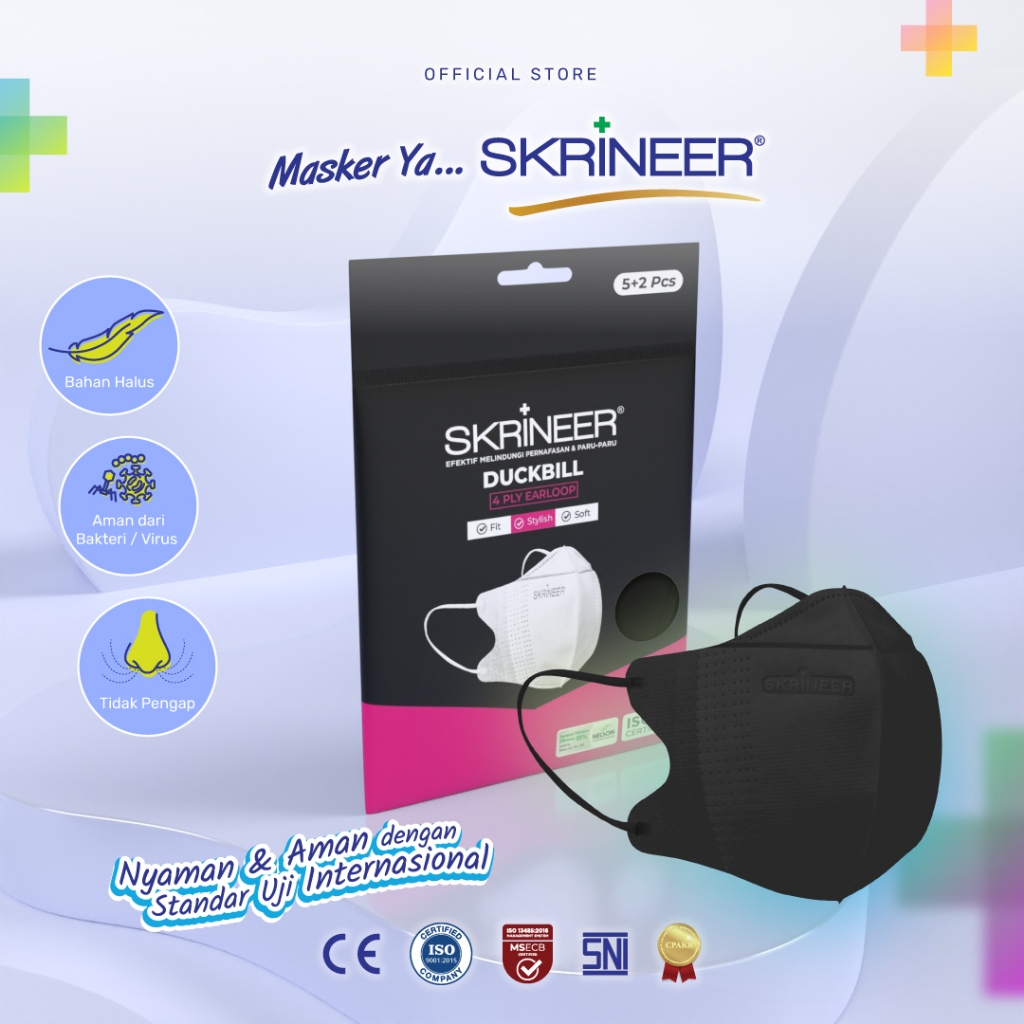 SKRINEER Masker Duckbill 4 Ply Black – 5+2 Pcs