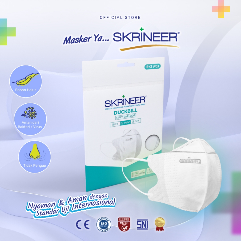 SKRINEER Masker Duckbill 4 Ply White Green – 5+2 Pcs