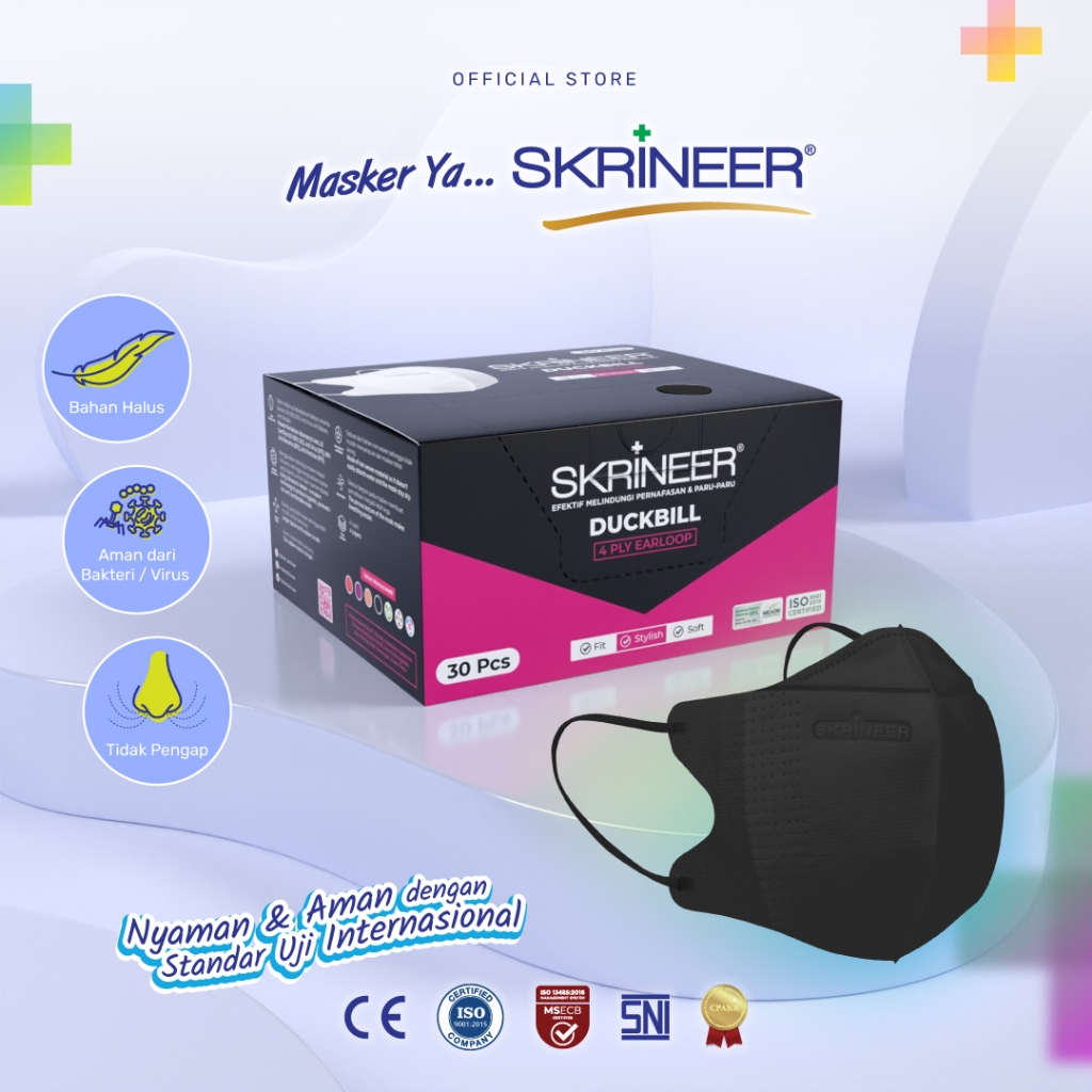 Skrineer Masker Duckbill Black 4 Ply Earloop – 30 Pcs