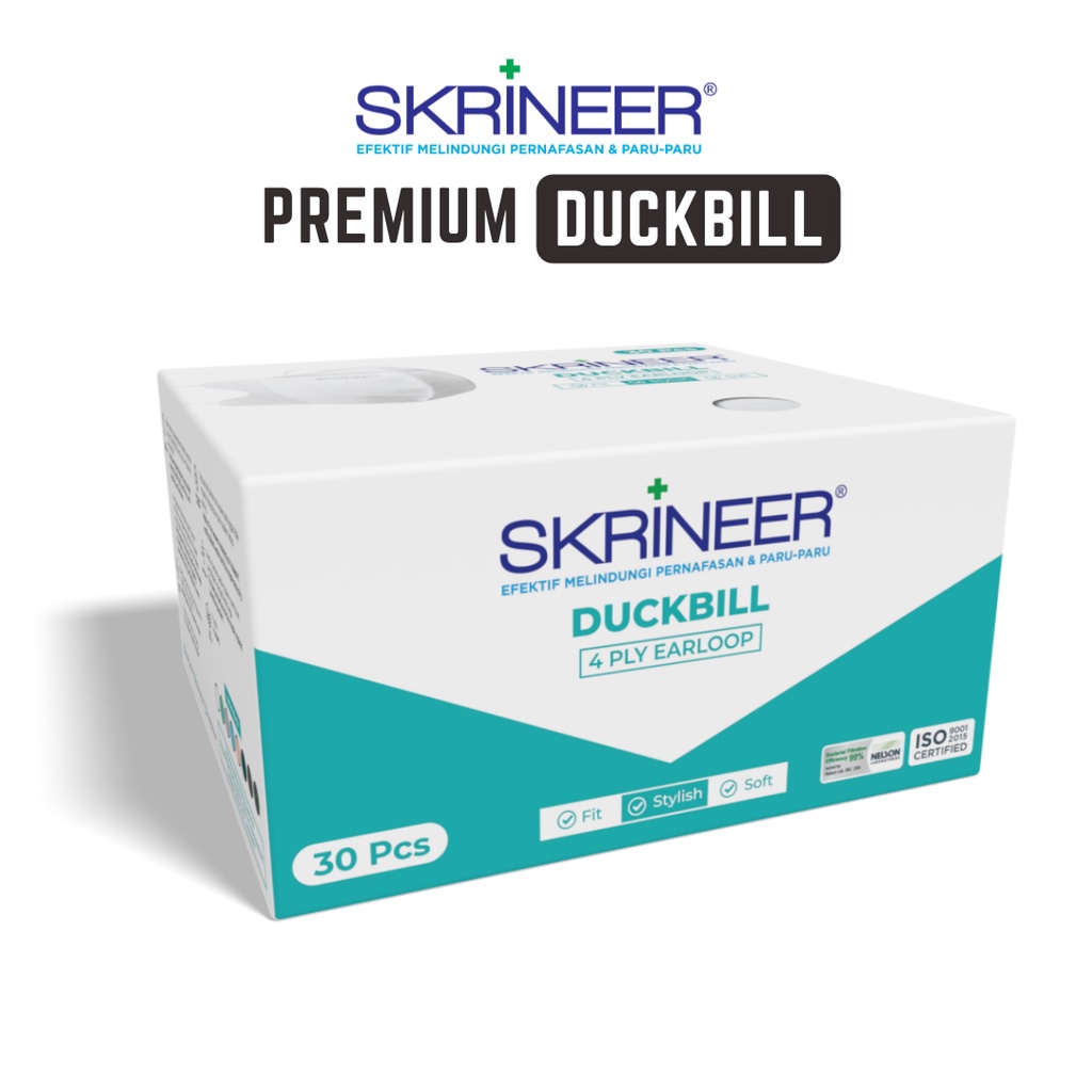 Skrineer Masker Duckbill White Green 4 Ply Earloop – 30 Pcs